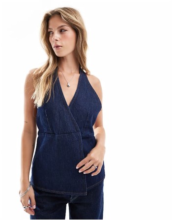 denim halter top with belt in indigo