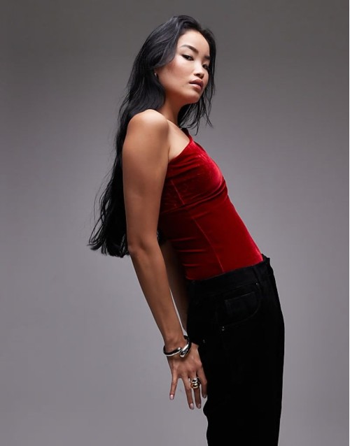 velvet one shoulder bodysuit in red