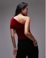 velvet one shoulder bodysuit in red