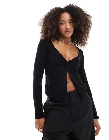 front knot jersey long sve top in black