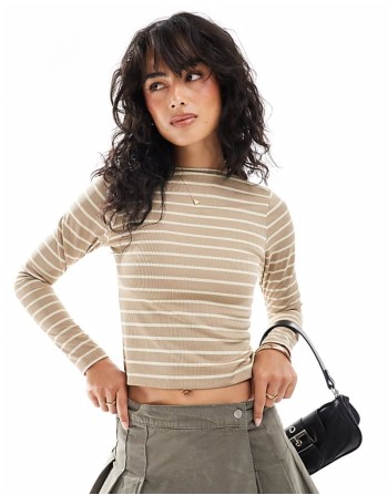 stripe long sve top with low back in brown