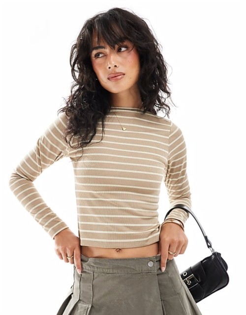 stripe long sve top with low back in brown
