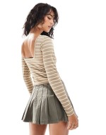 stripe long sve top with low back in brown