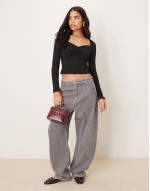 sweetheart long sve top with ruching detail in black