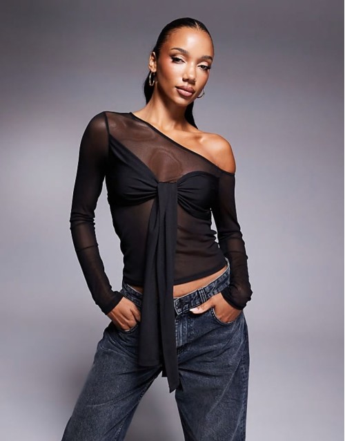 twist detail layered mesh asymmetric top in black