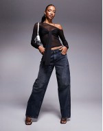 twist detail layered mesh asymmetric top in black