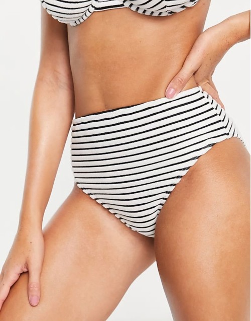 Exclusive high waist bikini bottom in striped towelling