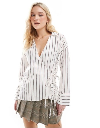 tie detail shirt in white and burgundy stripes