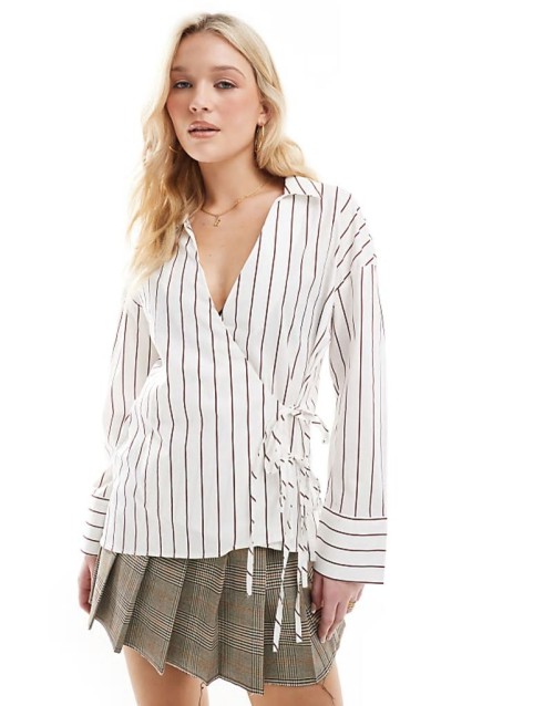 tie detail shirt in white and burgundy stripes