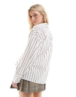 tie detail shirt in white and burgundy stripes