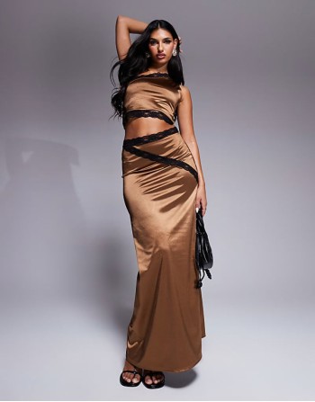 Premium co-ord contrast lace trim one shoulder crop top and maxi skirts in brown