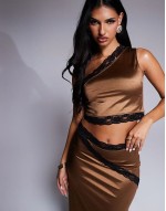 Premium co-ord contrast lace trim one shoulder crop top and maxi skirts in brown