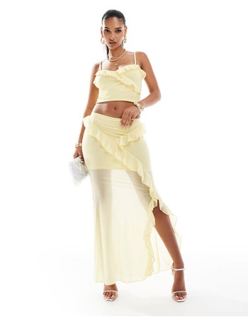 co-ord mesh strappy ruffle cami top and skirt in pastel yellow