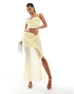 co-ord mesh strappy ruffle cami top and skirt in pastel yellow