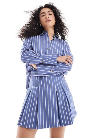 Alexis cotton stripe pleated mini skirt in navy and white co-ord