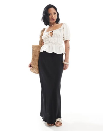 Petite linen blend bias maxi skirt in black