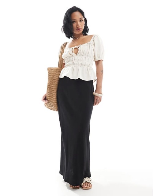 Petite linen blend bias maxi skirt in black