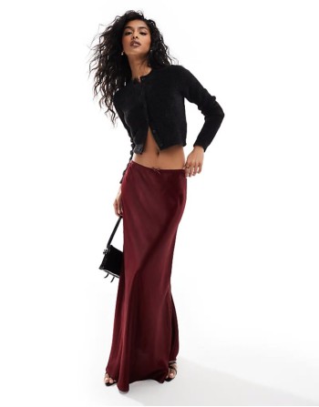 satin bias cut maxi skirt in burgundy