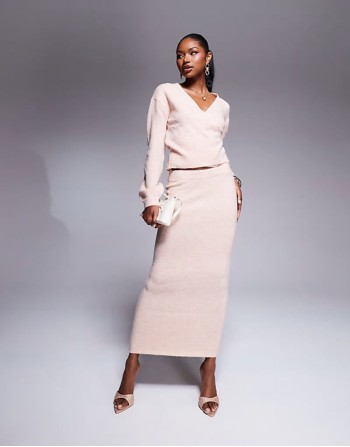 Premium wrap tie side cardigan and maxi skirt co-ord in pink