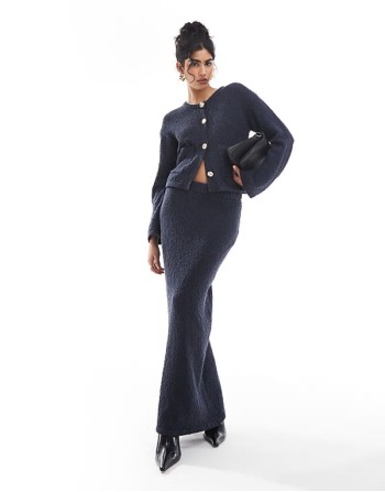 textured gold button pocket detail cardigan and maxi skirt co-ord in navy