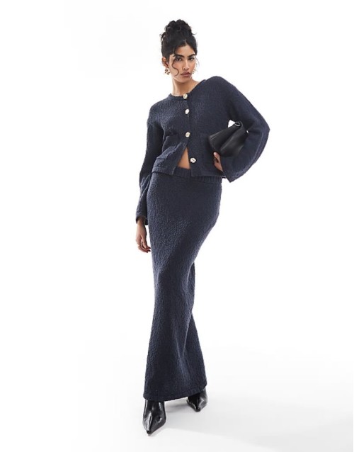 textured gold button pocket detail cardigan and maxi skirt co-ord in navy