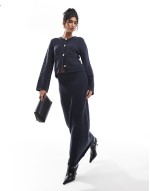 textured gold button pocket detail cardigan and maxi skirt co-ord in navy