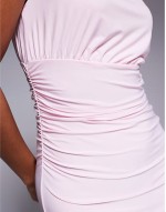 double sculpted slinky sveless asymmetric neck ruched bodycon maxi dress in baby pink