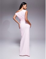 double sculpted slinky sveless asymmetric neck ruched bodycon maxi dress in baby pink