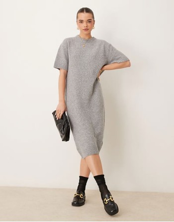 knitted midaxi t-shirt dress in grey melange