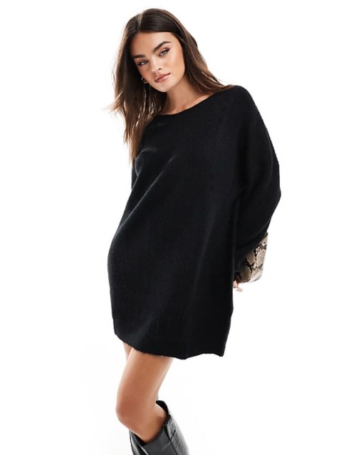 slash neck oversized knit mini dress in black
