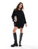 slash neck oversized knit mini dress in black