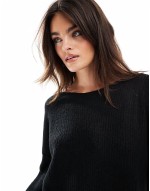 slash neck oversized knit mini dress in black