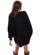 slash neck oversized knit mini dress in black
