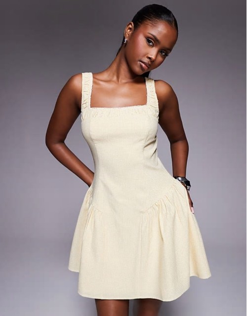 exclusive square neck ruched lace trim hip pleat detail mini dress in yellow gingham