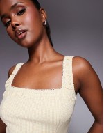exclusive square neck ruched lace trim hip pleat detail mini dress in yellow gingham