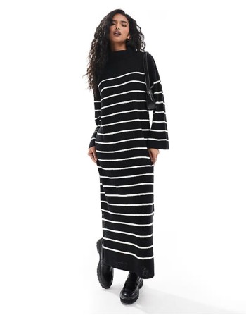 high neck knitted maxi dress in black and white stripe