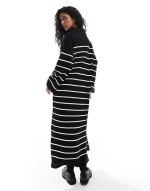 high neck knitted maxi dress in black and white stripe