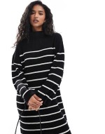 high neck knitted maxi dress in black and white stripe