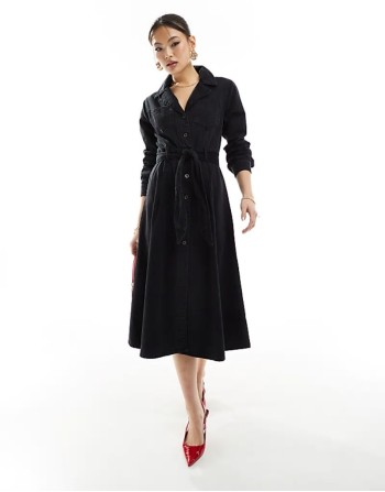 long sve button front denim midi dress in black