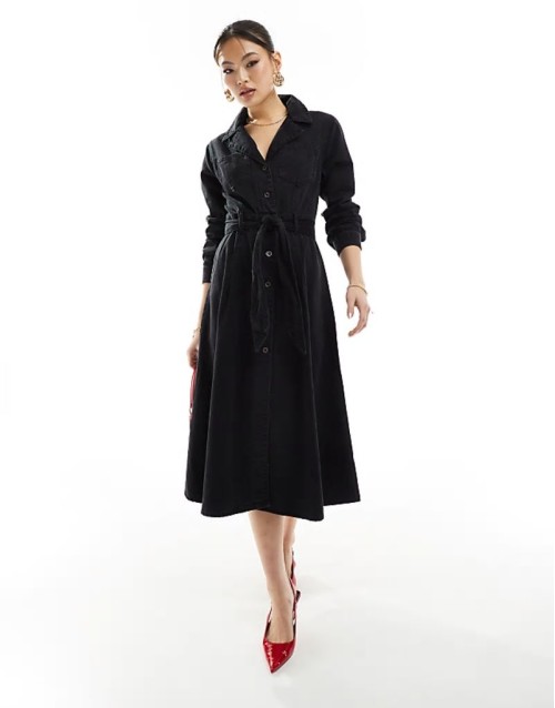 long sve button front denim midi dress in black