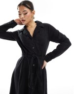 long sve button front denim midi dress in black