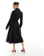 long sve button front denim midi dress in black