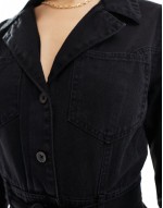 long sve button front denim midi dress in black