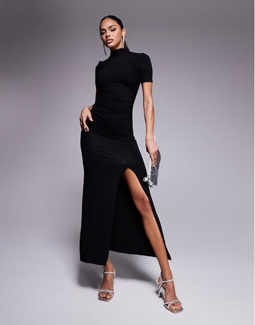 high neck maxi dress with 3/4 sves and high split in black