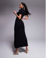 high neck maxi dress with 3/4 sves and high split in black