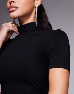 high neck maxi dress with 3/4 sves and high split in black