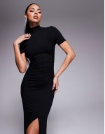 high neck maxi dress with 3/4 sves and high split in black