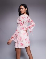 long sve mini dress with ruffle detail in pink floral