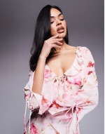 long sve mini dress with ruffle detail in pink floral