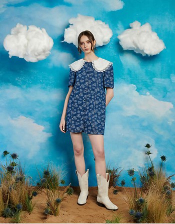 contrast collar denim mini dress in blue